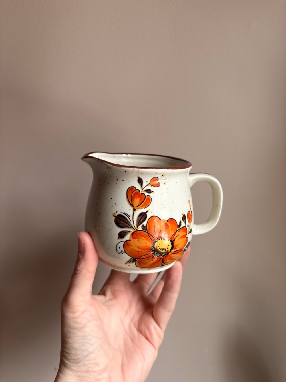 Vintage Japan Ceramic Creamer Pitcher with Orange Floral Design